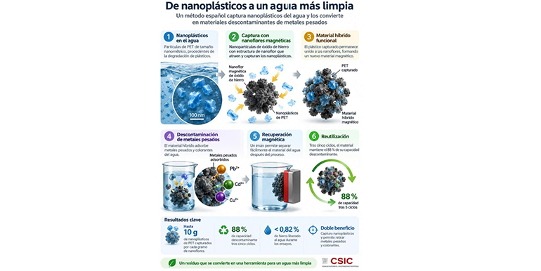 ICMM-CSIC crea un método que captura nanoplásticos del agua y los transforma en materiales para eliminar metales pesados