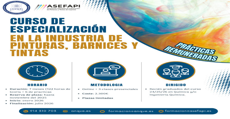 ANQUE y ASEFAPI recuerdan la próxima celebración del curso de especialización en la industria de Pinturas