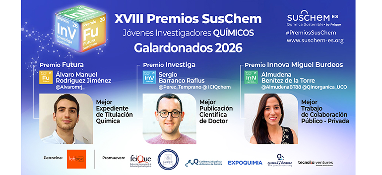 Los Premios SusChem-España 2026 reconocen el talento de tres jóvenes investigadores químicos