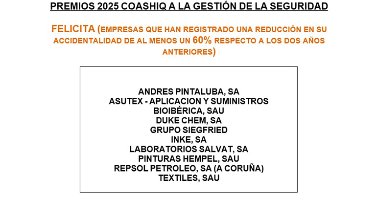 Premios COASHIQ 2025 para reconocer la excelencia en seguridad y sostenibilidad en la industria química y afines 